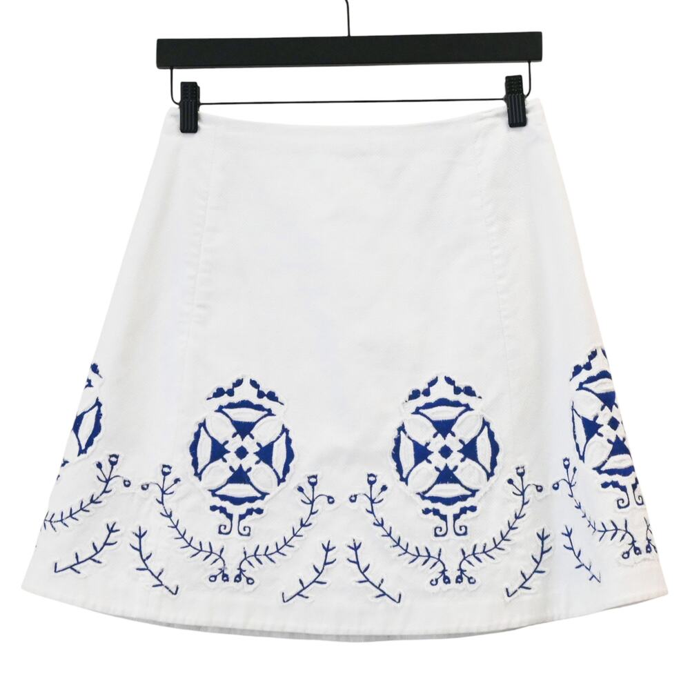 Tory Burch White Cotton Blue Embroidered Short Skirt Size 4